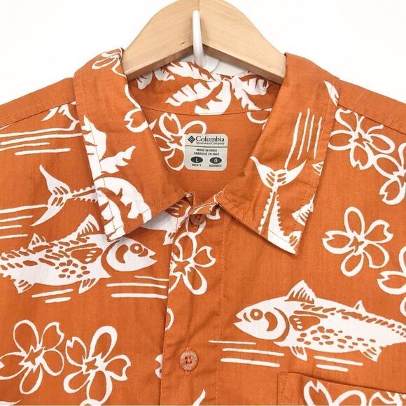 Columbia Orange Tropical Fish Cotton Button Down Short Sleeve Shirt - Picture 11 of 16